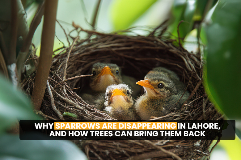 Visual showing why sparrows are disappearing in Lahore and how trees can bring them back
